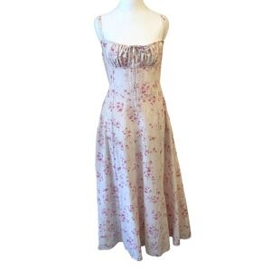 Sim & Sam Milkmaid Coquette Midi Dress S Floral Cottage Basque Waist Linen Blend